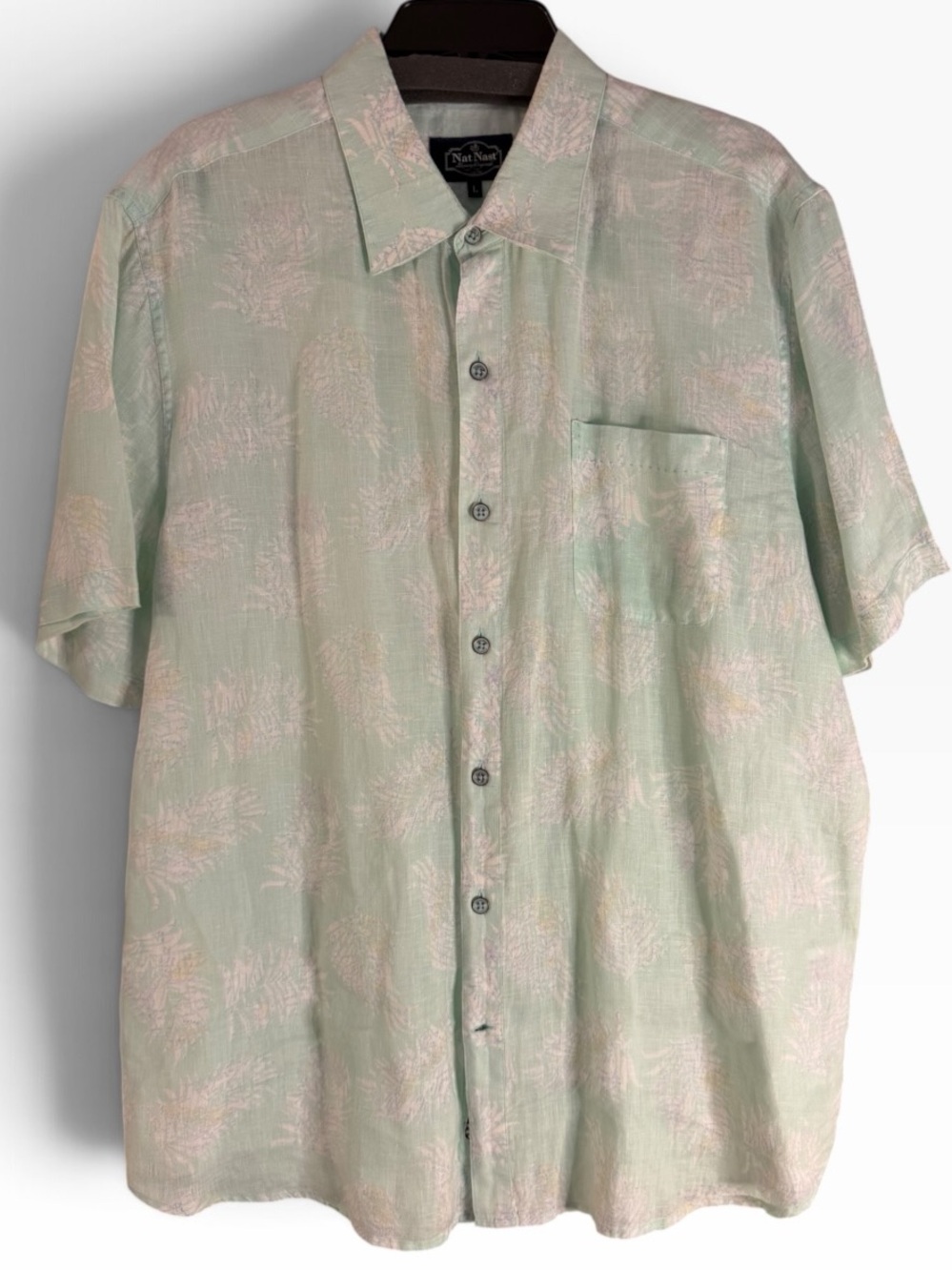 Nat Nast 100% Linen Seafoam Green Palm Print Button Down Short Sleeve Shirt Sz L